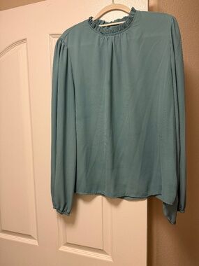 Olive Ruffle Neck Long Sleeve Blouse with Button Accents, Woven Fabric